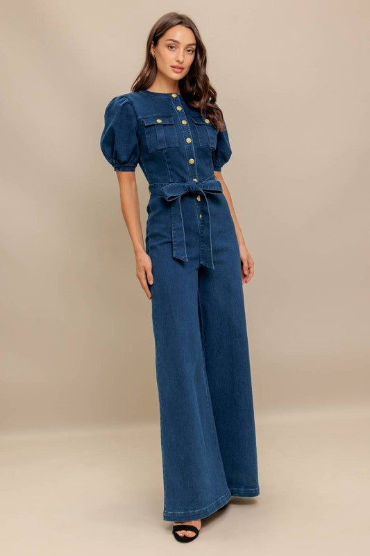Jumpsuit Denim con Mangas Abullonadas y Pierna Ancha