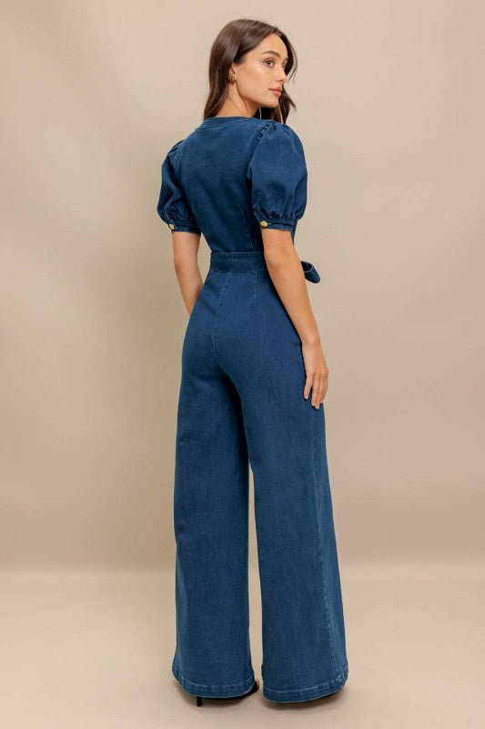 Jumpsuit Denim con Mangas Abullonadas y Pierna Ancha
