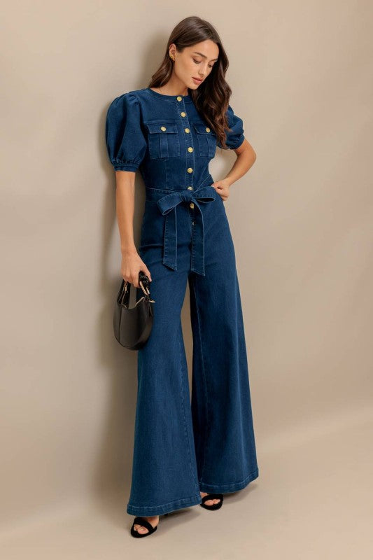 Jumpsuit Denim con Mangas Abullonadas y Pierna Ancha