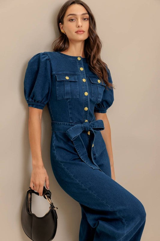 Jumpsuit Denim con Mangas Abullonadas y Pierna Ancha