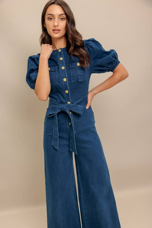 Jumpsuit Denim con Mangas Abullonadas y Pierna Ancha