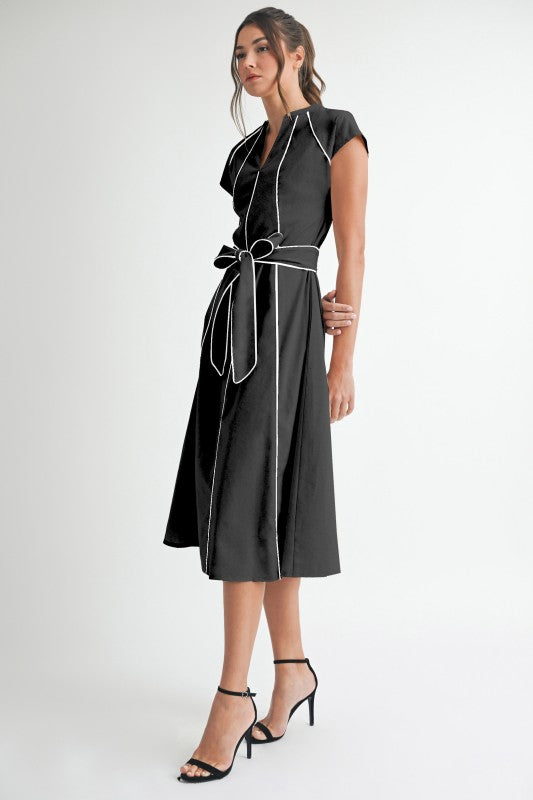 Lucila Vestido Midi de Lino con Rayas Contrastantes