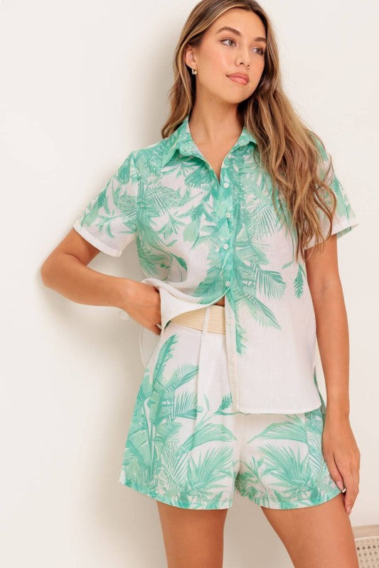 Set Mini Estampado con Blusa de Botones y Shorts con Cinturón