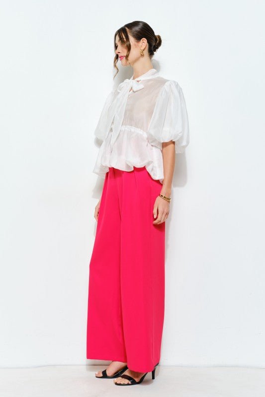 Blusa de Organza Brillante con Lazo en el Cuello y Mangas Abullonadas - Betsy Clothing Store