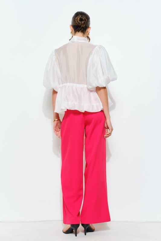 Blusa de Organza Brillante con Lazo en el Cuello y Mangas Abullonadas - Betsy Clothing Store