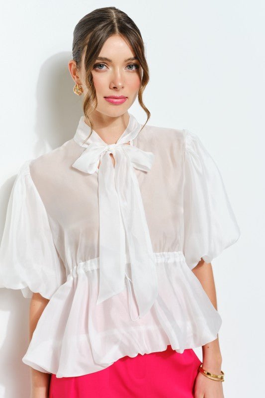 Blusa de Organza Brillante con Lazo en el Cuello y Mangas Abullonadas - Betsy Clothing Store