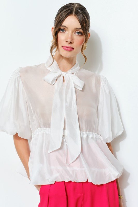 Blusa de Organza Brillante con Lazo en el Cuello y Mangas Abullonadas - Betsy Clothing Store