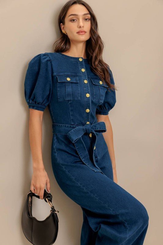 Jumpsuit Denim con Mangas Abullonadas y Pierna Ancha - Betsy Clothing Store