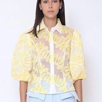 Miami Blusa Transparente con Estampado Floral y Mangas Abullonadas - Betsy Clothing Store
