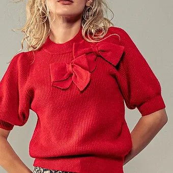 Top de Punto Canalé con Mangas Abullonadas y Detalle de Lazo - Betsy Clothing Store