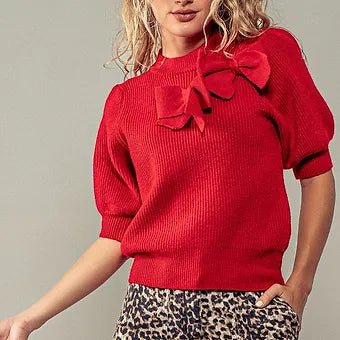 Top de Punto Canalé con Mangas Abullonadas y Detalle de Lazo - Betsy Clothing Store