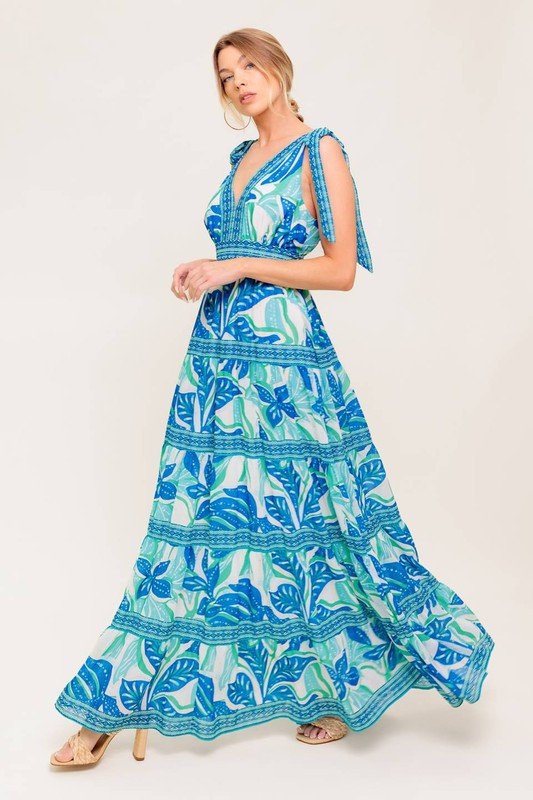 Vestido Maxi Estampado Azul Tropical - Betsy Clothing Store
