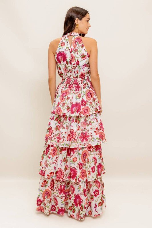 Vestido Maxi Estampado con Escote Halter y Falda en Capas - Betsy Clothing Store