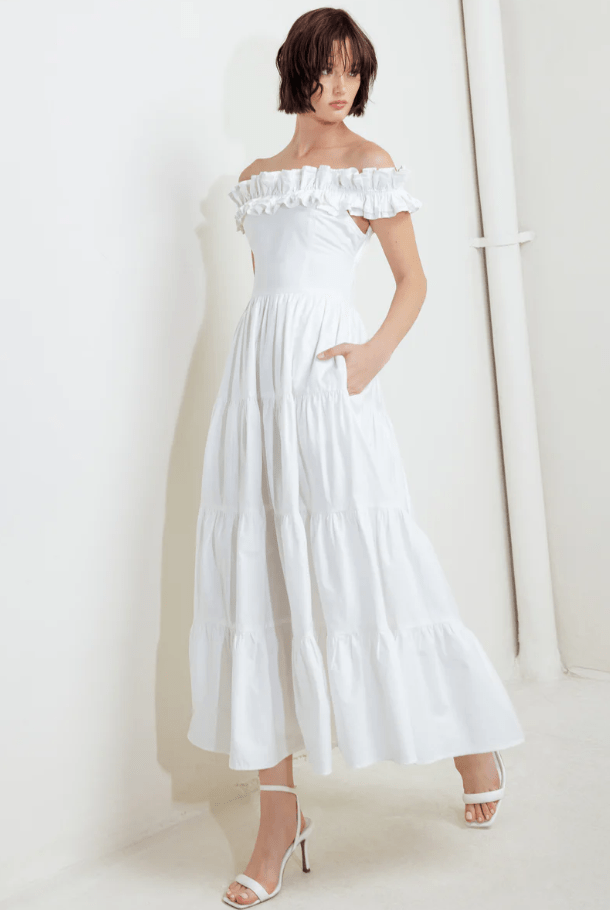 Vestido Midi con Escote Volante, Falda en Capas y Espalda Fruncida - Betsy Clothing Store