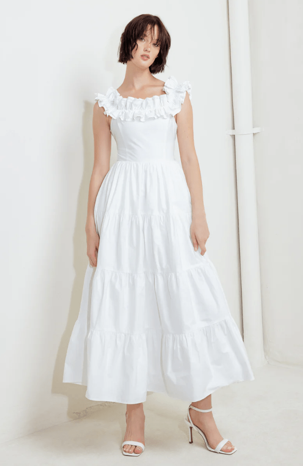 Vestido Midi con Escote Volante, Falda en Capas y Espalda Fruncida - Betsy Clothing Store