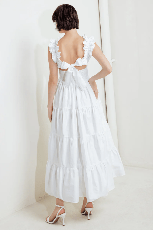 Vestido Midi con Escote Volante, Falda en Capas y Espalda Fruncida - Betsy Clothing Store