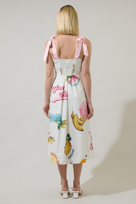 Vestido Midi Estampado Frutal con Lazos - Betsy Clothing Store