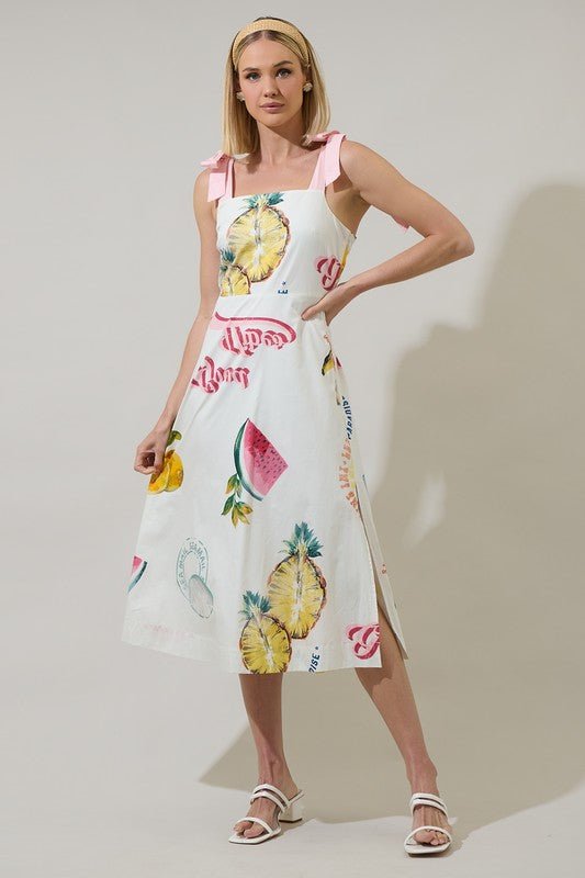 Vestido Midi Estampado Frutal con Lazos - Betsy Clothing Store