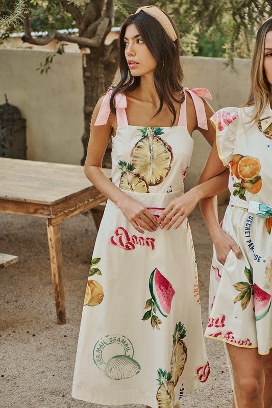 Vestido Midi Estampado Frutal con Lazos - Betsy Clothing Store