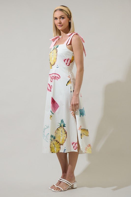 Vestido Midi Estampado Frutal con Lazos - Betsy Clothing Store