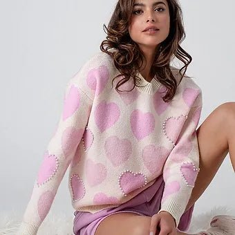 Wanda Suéter con Estampado de Corazones y Detalle de Cuentas - Betsy Clothing Store